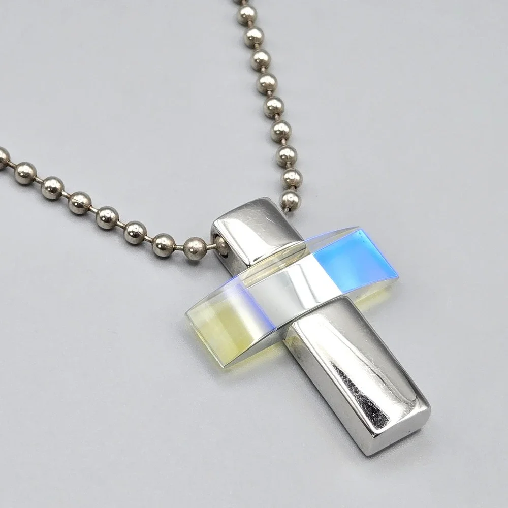 STORM London Stainless‎ Steel Iridescent Glass Cross Pendant Ball Chain Necklace